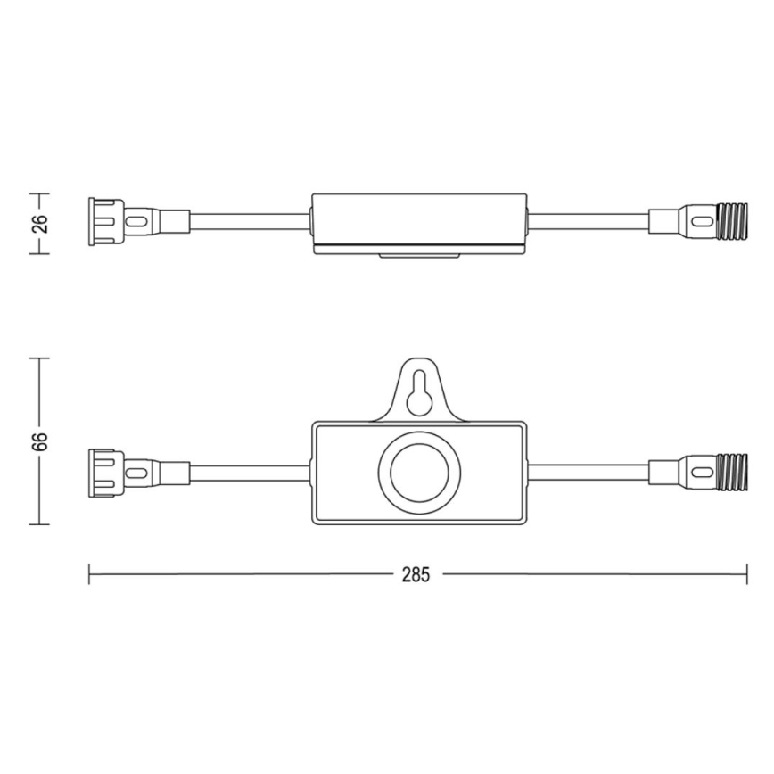 Elektrická súčiastka s káblami na oboch stranách je zobrazená v dvoch pozíciách. Rozmery sú 26, 66 a 285 mm. Súčasťou je aj otvor pre zavesenie.