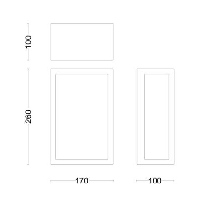 Technický výkres zobrazuje tri obdĺžnikové panely. Najväčší panel má rozmery 260x170 mm, stredný 100x170 mm a najmenší 100x100 mm. Panely sú usporiadané vertikálne.