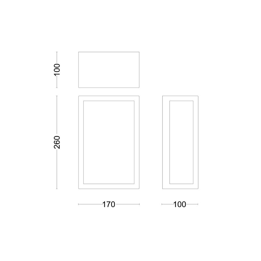 Technický výkres zobrazuje tri obdĺžnikové panely. Najväčší panel má rozmery 260x170 mm, stredný 100x170 mm a najmenší 100x100 mm. Panely sú usporiadané vertikálne.