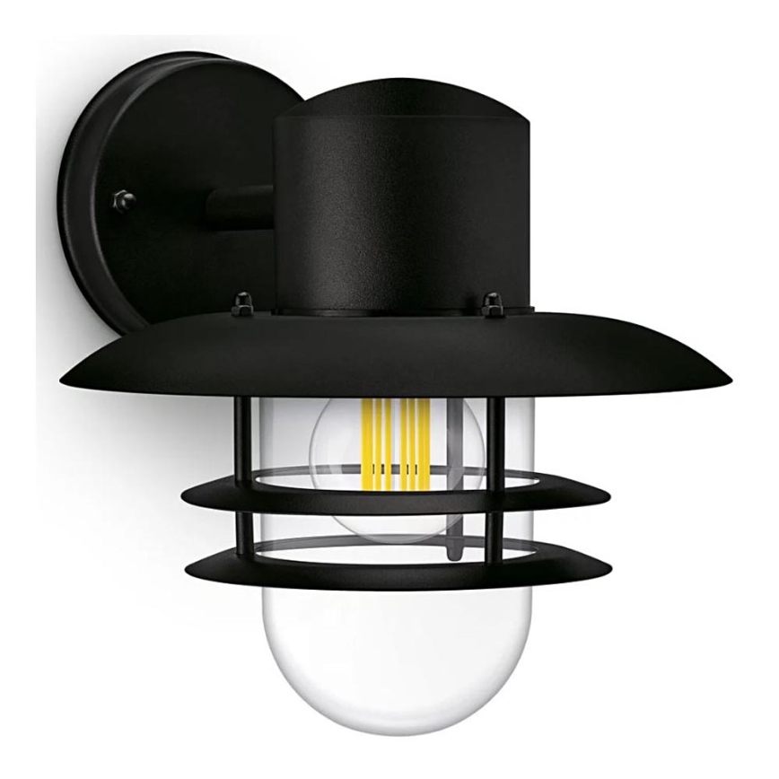 Čierna nástenná lampa s LED žiarovkou, svieti, je umiestnená na stene. Má tvar pripomínajúci lucernu s ochranným krytom a plochou strieškou.