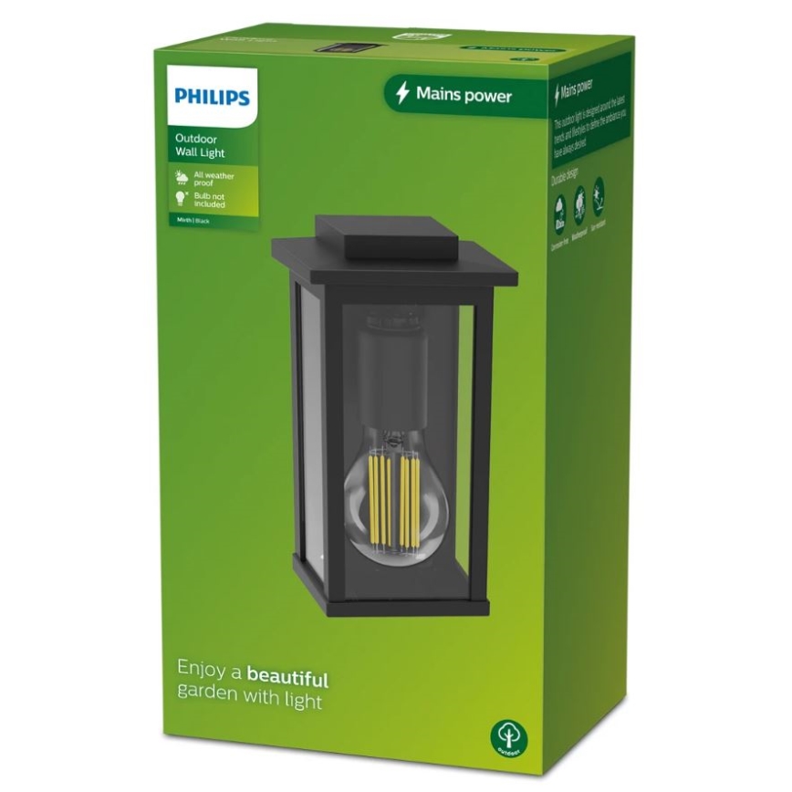 Čierna vonkajšia nástenná lampa Philips je zobrazená na zelenom obale. Lampa je štvorcového tvaru so sklenenými stranami a obsahuje žiarovku. Balenie uvádza, že je odolná voči poveternostným vplyvom, žiarovka nie je súčasťou balenia a je napájaná zo siete.