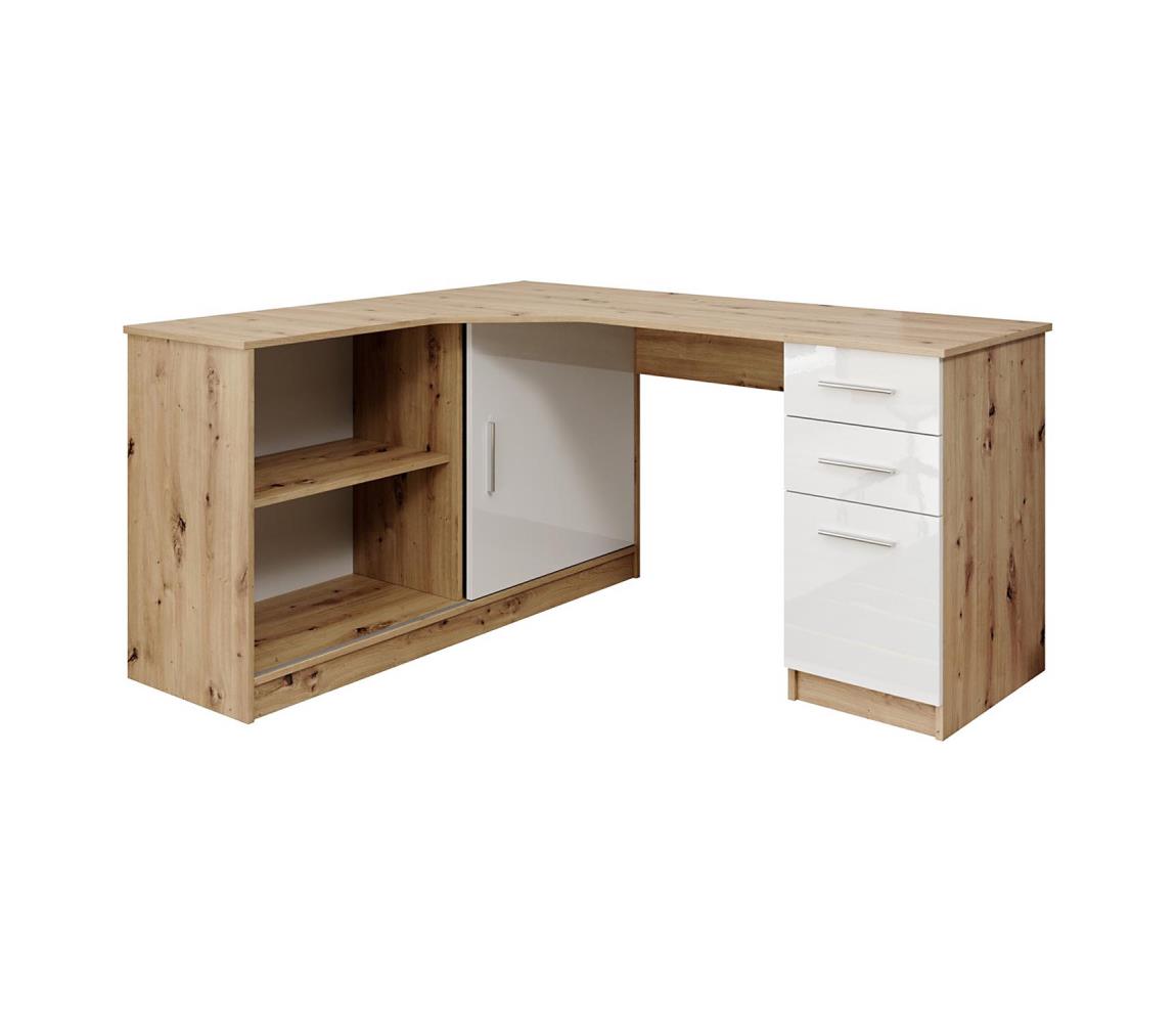 Písací stôl s policou a zásuvkami ROBERTO ľavý 150x120 cm dub artisan/biela 5907758725320