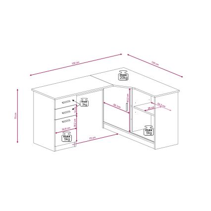 Písací stôl s policou a zásuvkami ROBERTO ľavý dub artisan/biela