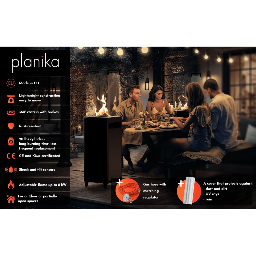 Planika - Vonkajší plynový krb 142x36 cm 8kW 1xAAA šedá + ochranný kryt