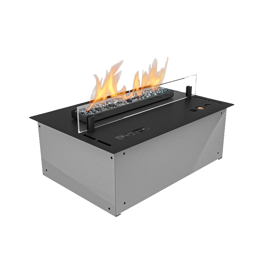 Biokrb horí v obdĺžnikovom kovovom ráme s ochranným skleneným štítom. Rám je sivý s čiernou hornou časťou, kde sa nachádza horák. Na čiernej časti je malé ovládacie tlačidlo.