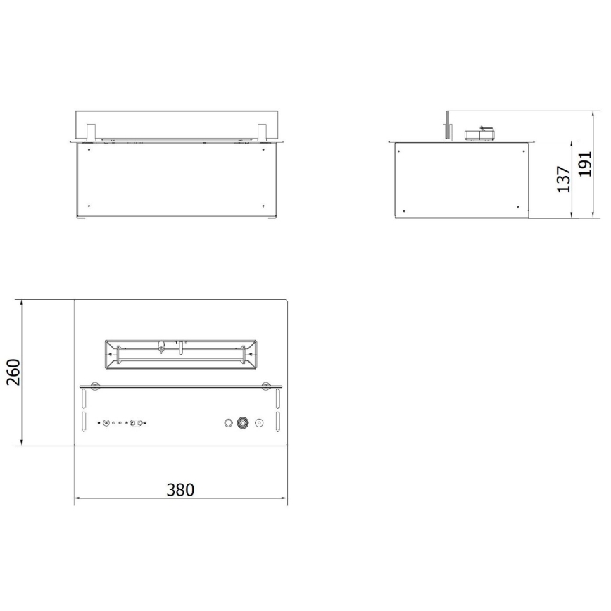 Technický výkres zobrazuje stropné svietidlo. Svietidlo je pripevnené k stropu. Rozmery svietidla sú 380 x 260 mm, výška 137 mm a celková výška 191 mm.