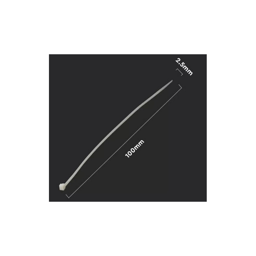 Na tmavom pozadí leží biela plastová stiskačka s rozmermi 100 mm x 2,5 mm. Je zobrazená mierka s uvedenými rozmermi.