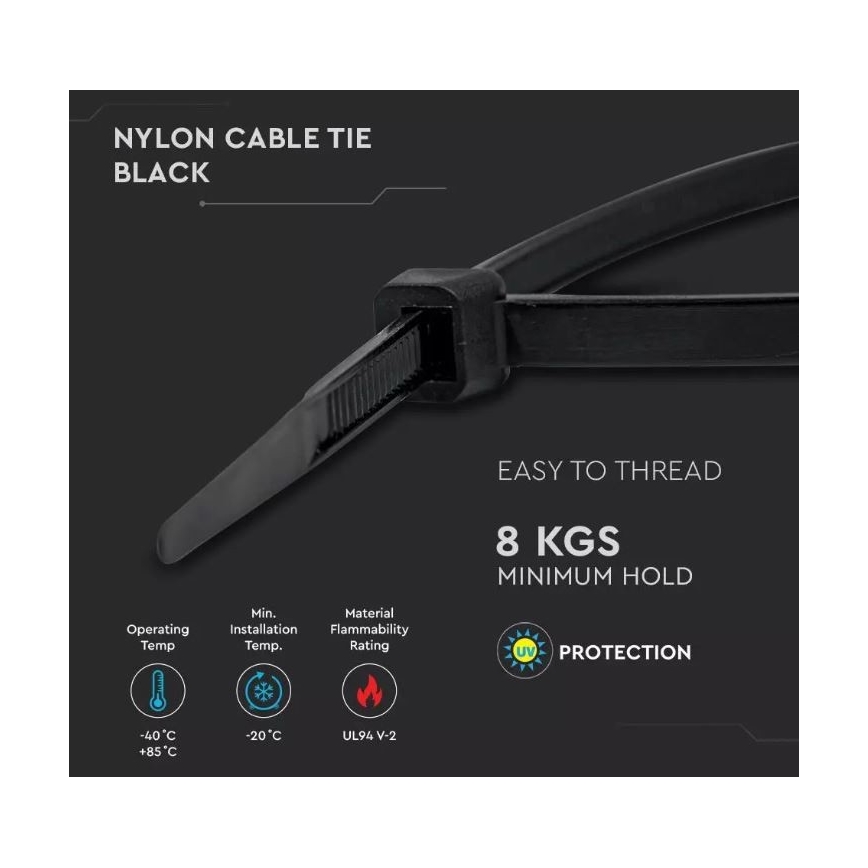 Čierny nylonový káblový pás sa ohýba. Drží minimálne 8 kg. Prevádzková teplota -40°C až +85°C, minimálna teplota inštalácie -20°C. Materiál spĺňa UL94 V-2. Má UV ochranu.