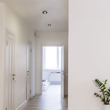 Úzka chodba s bielymi stenami a dverami vedie k otvorenej dverám do miestnosti s oknom a nábytkom. Na strope sú tri zapustené svetlá. Vpravo je izbová rastlina v kvetináči.