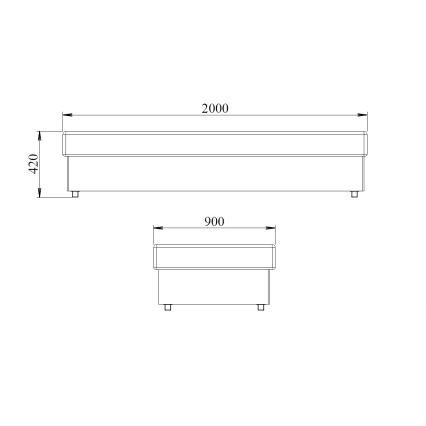 Technický výkres zobrazuje dva obdĺžnikové stoly s rozmermi 2000 x 420 mm a 900 x 420 mm. Stoly sú zobrazené zhora a sú umiestnené na štyroch nožičkách.
