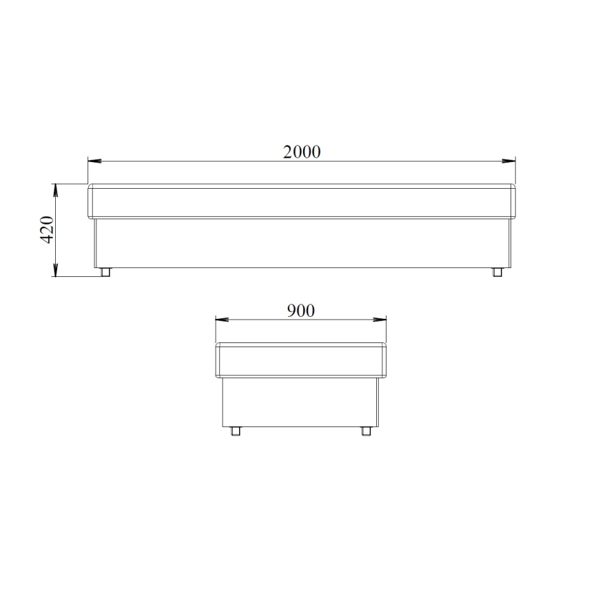 Technický výkres zobrazuje dva obdĺžnikové stoly s rozmermi 2000 x 420 mm a 900 x 420 mm. Stoly sú zobrazené zhora a sú umiestnené na štyroch nožičkách.