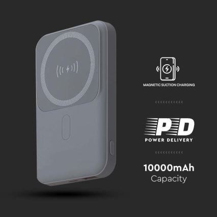 Power Bank magnetická s bezdrôtovým nabíjaním Power Delivery 10 000mAh/20W/3,7V šedá