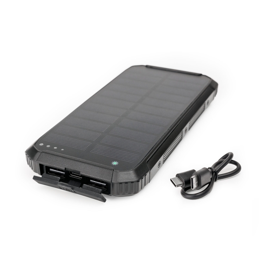 Power Banka s LED baterkou, bezdrôtovým nabíjaním a solárnym panelom Power Delivery 15W/10000 mAh čierna