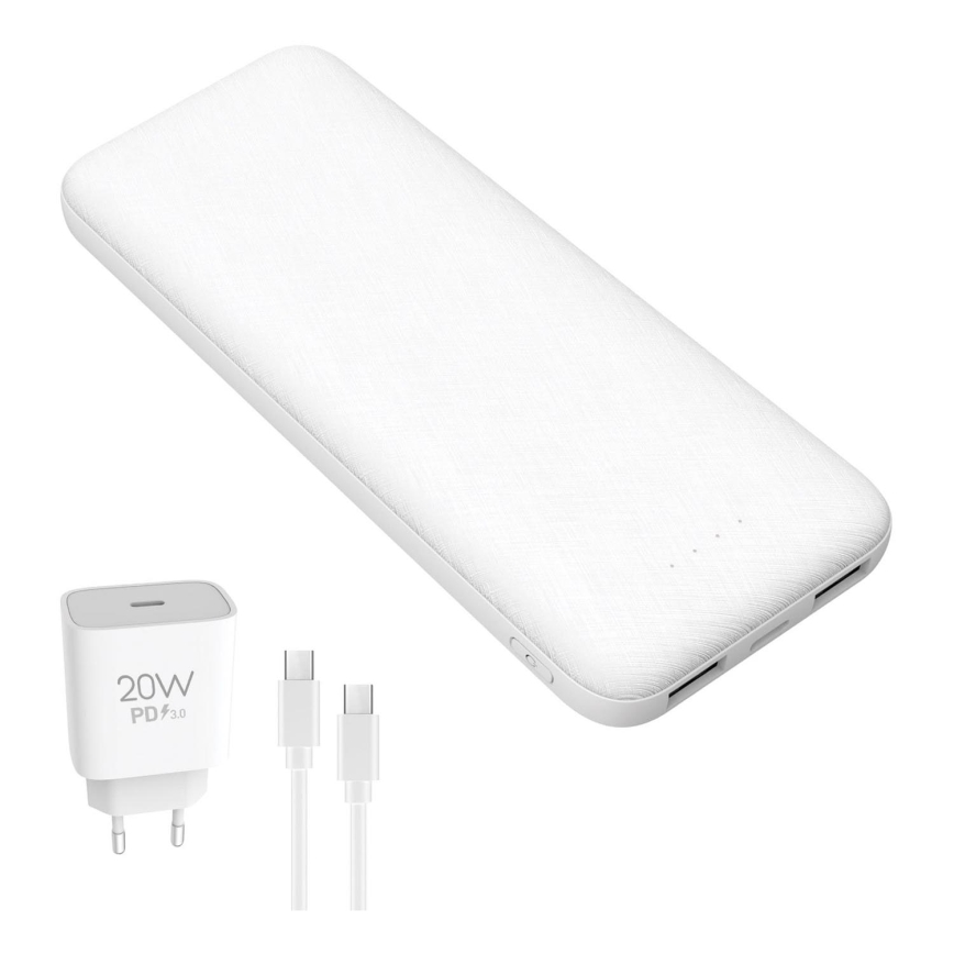 Powerbanka 10000 mAh + adaptér 20W Power Delivery + USB-C/USB-C kábel 1m biela