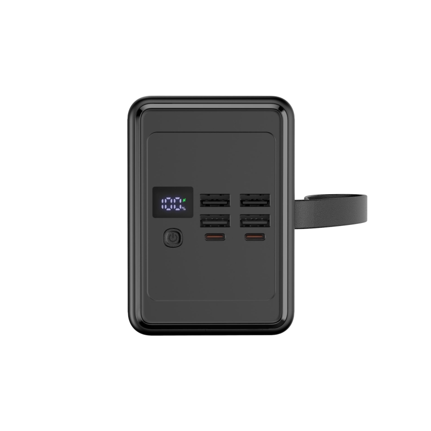 Powerbanka 80 000 mAh, 65 W Power Delivery, 4× USB-A + 2× USB-C, s LED svietidlom a USB-C káblom 1 m, čierna