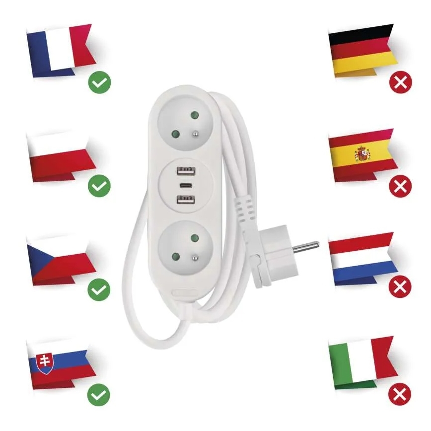 Biela predlžovacia elektrická zástrčka s dvoma zásuvkami a dvoma USB portami je zobrazená na bielom pozadí. Vedľa nej sú vlajky Francúzska, Poľska, Česka a Slovenska označené zelenou značkou ✅ a Nemecka, Španielska, Holandska a Talianska označené červeným krížikom ❌.