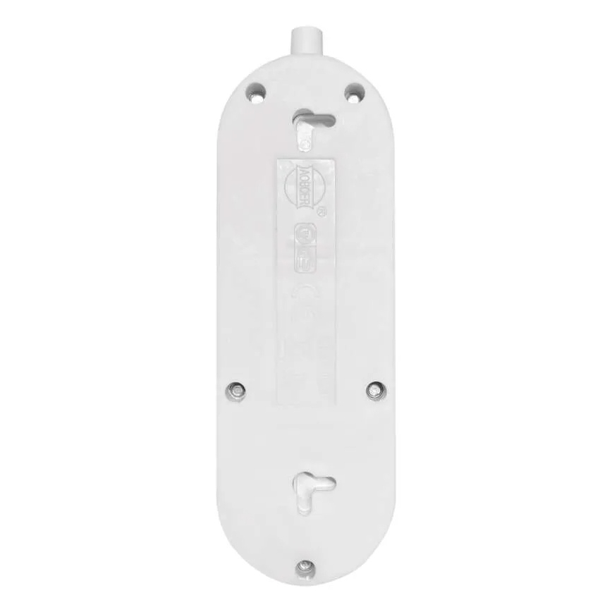 Biela zásuvka je zobrazená zo zadnej strany. Na bielom plastovom tele je viditeľné logo HEBOBOX a certifikačné značky. Zásuvka je pripravená na montáž.