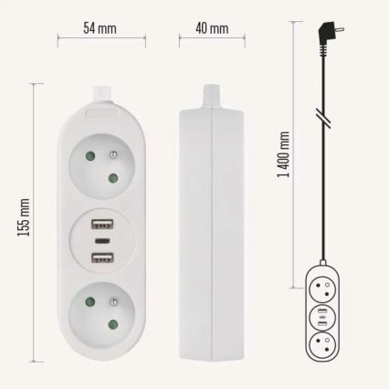 Predĺžovací kábel s dvomi sieťovými zásuvkami a dvoma USB portami, rozmery 155x54 mm. Kábel s dĺžkou 1400 mm, zakončený trojzásuvkovým adaptérom. Všetky prvky sú biele.