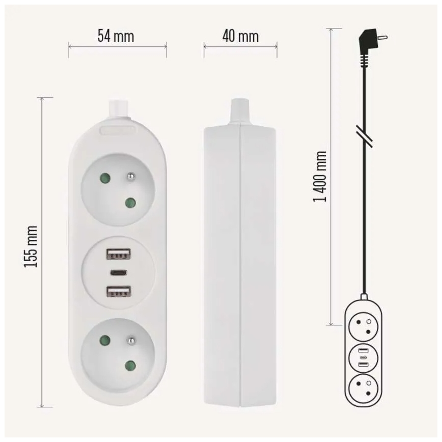 Predĺžovací kábel s dvomi sieťovými zásuvkami a dvoma USB portami, rozmery 155x54 mm. Kábel s dĺžkou 1400 mm, zakončený trojzásuvkovým adaptérom. Všetky prvky sú biele.