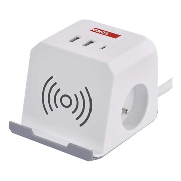 Predlžovací kábel kocka s bezdrôtovým nabíjaním QI 2Z +2xUSB-A+1xUSB-C 2m biela