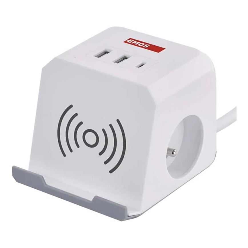 Predlžovací kábel kocka s bezdrôtovým nabíjaním QI 2Z +2xUSB-A+1xUSB-C 2m biela