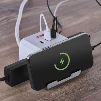 Predlžovací kábel kocka s bezdrôtovým nabíjaním QI 2Z +2xUSB-A+1xUSB-C 2m biela