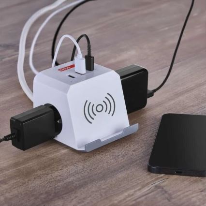 Predlžovací kábel kocka s bezdrôtovým nabíjaním QI 2Z +2xUSB-A+1xUSB-C 2m biela
