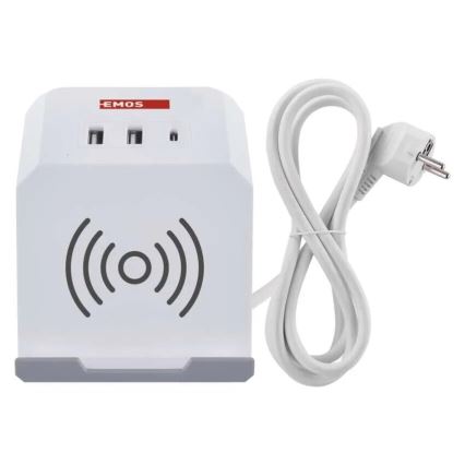Predlžovací kábel kocka s bezdrôtovým nabíjaním QI 2Z +2xUSB-A+1xUSB-C 2m biela