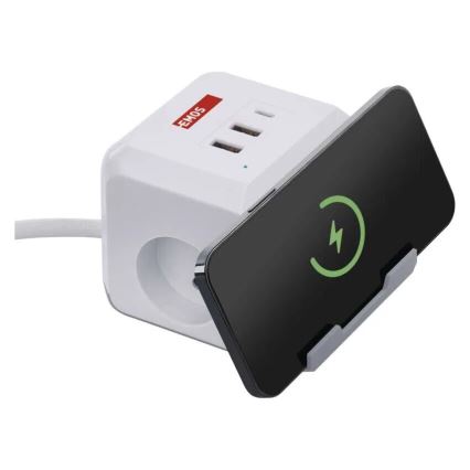 Predlžovací kábel kocka s bezdrôtovým nabíjaním QI 2Z +2xUSB-A+1xUSB-C 2m biela