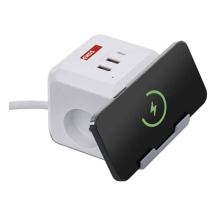 Predlžovací kábel kocka s bezdrôtovým nabíjaním QI 2Z +2xUSB-A+1xUSB-C 2m biela