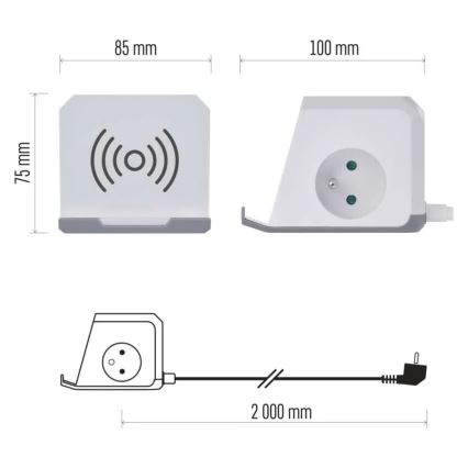 Predlžovací kábel kocka s bezdrôtovým nabíjaním QI 2Z +2xUSB-A+1xUSB-C 2m biela