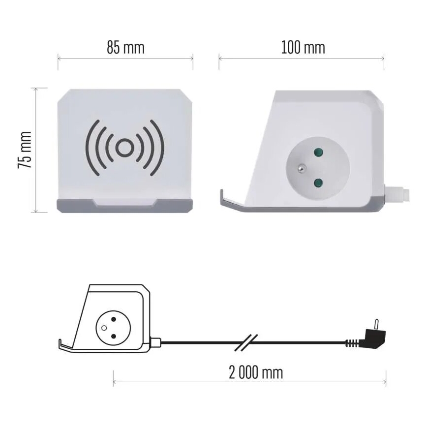 Predlžovací kábel kocka s bezdrôtovým nabíjaním QI 2Z +2xUSB-A+1xUSB-C 2m biela