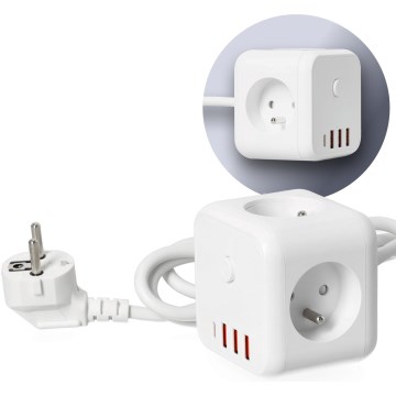 Predlžovací kábel kocka s vypínačom LINEA 3x230V + 4xUSB A/C biela