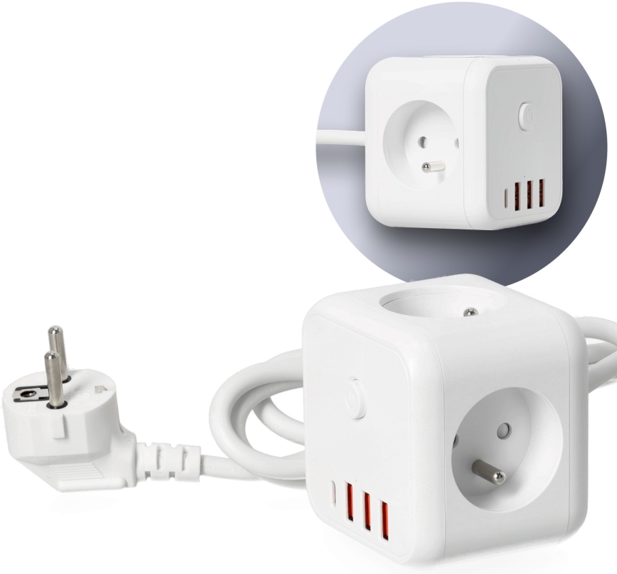 Predlžovací kábel kocka s vypínačom LINEA 3x230V + 4xUSB A/C biela