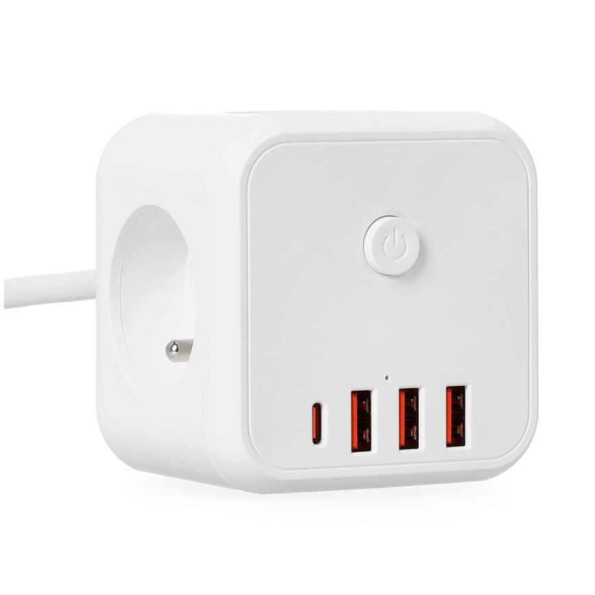 Predlžovací kábel kocka s vypínačom LINEA 3x230V + 4xUSB A/C biela