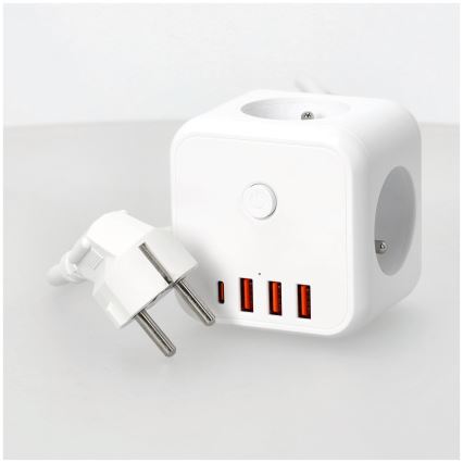 Predlžovací kábel kocka s vypínačom LINEA 3x230V + 4xUSB A/C biela