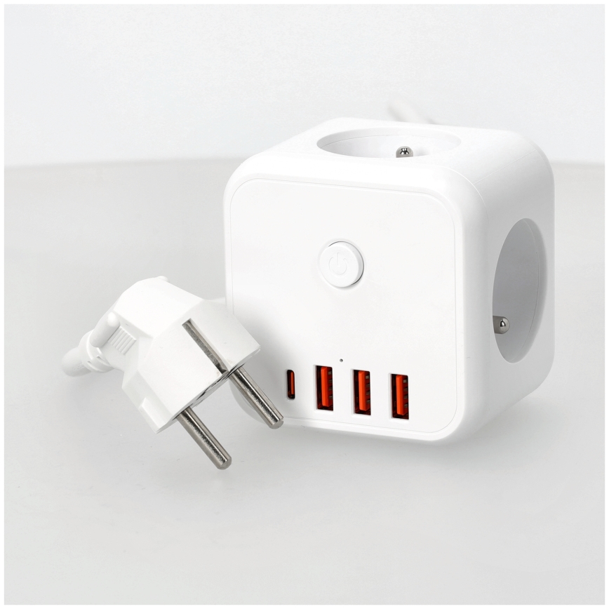 Predlžovací kábel kocka s vypínačom LINEA 3x230V + 4xUSB A/C biela