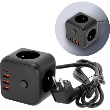 Predlžovací kábel kocka s vypínačom LINEA 3x230V + 4xUSB A/C čierna