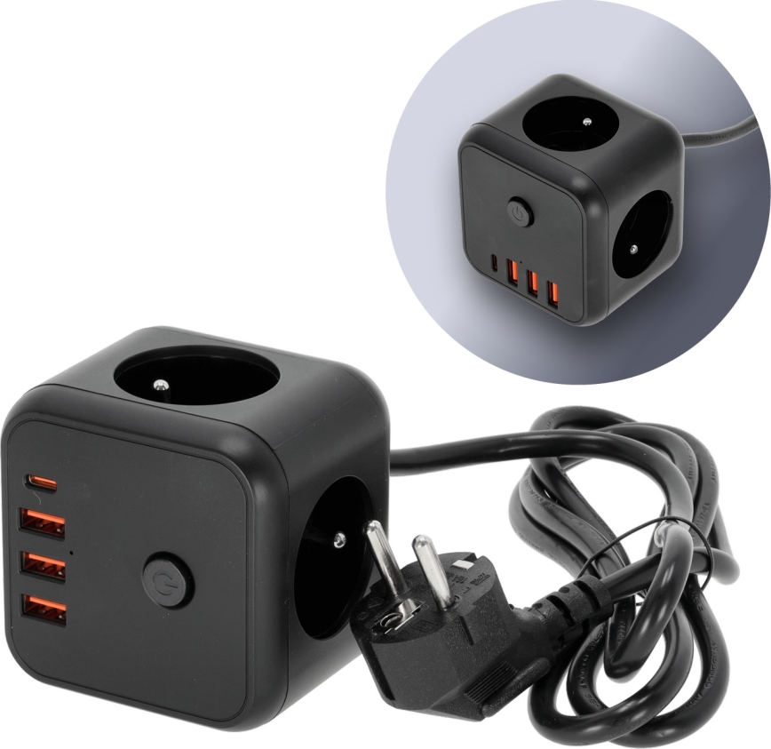 Predlžovací kábel kocka s vypínačom LINEA 3x230V + 4xUSB A/C čierna