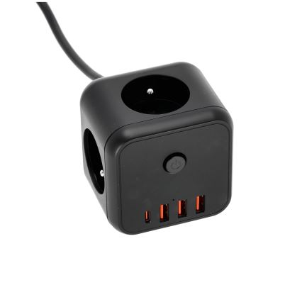 Predlžovací kábel kocka s vypínačom LINEA 3x230V + 4xUSB A/C čierna