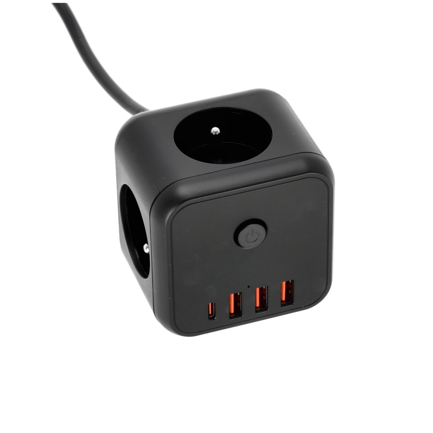 Predlžovací kábel kocka s vypínačom LINEA 3x230V + 4xUSB A/C čierna