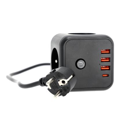 Predlžovací kábel kocka s vypínačom LINEA 3x230V + 4xUSB A/C čierna