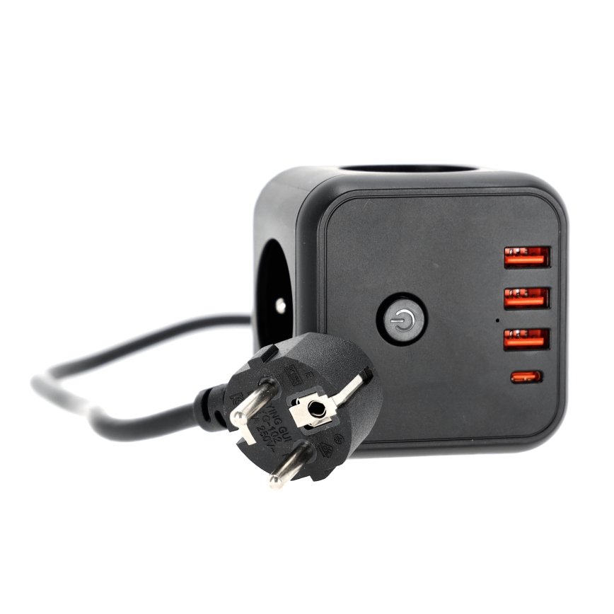 Predlžovací kábel kocka s vypínačom LINEA 3x230V + 4xUSB A/C čierna
