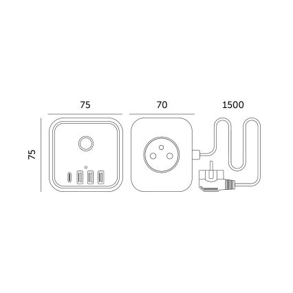 Predlžovací kábel kocka s vypínačom LINEA 3x230V + 4xUSB A/C čierna