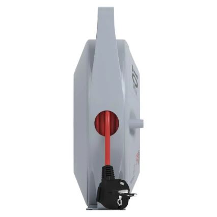 Šedý káblový navijak s červeným káblom a čiernou zástrčkou je zobrazený zboku. Kábel čiastočne vyčnieva z navijaku. Navijak má hornú rukoväť.