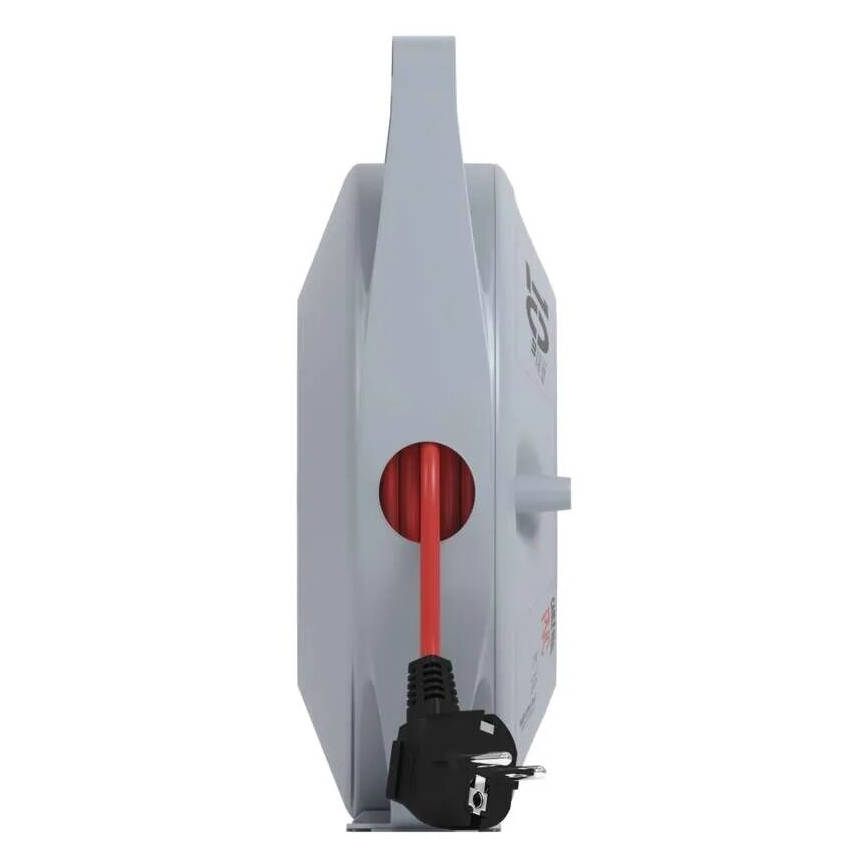 Šedý káblový navijak s červeným káblom a čiernou zástrčkou je zobrazený zboku. Kábel čiastočne vyčnieva z navijaku. Navijak má hornú rukoväť.