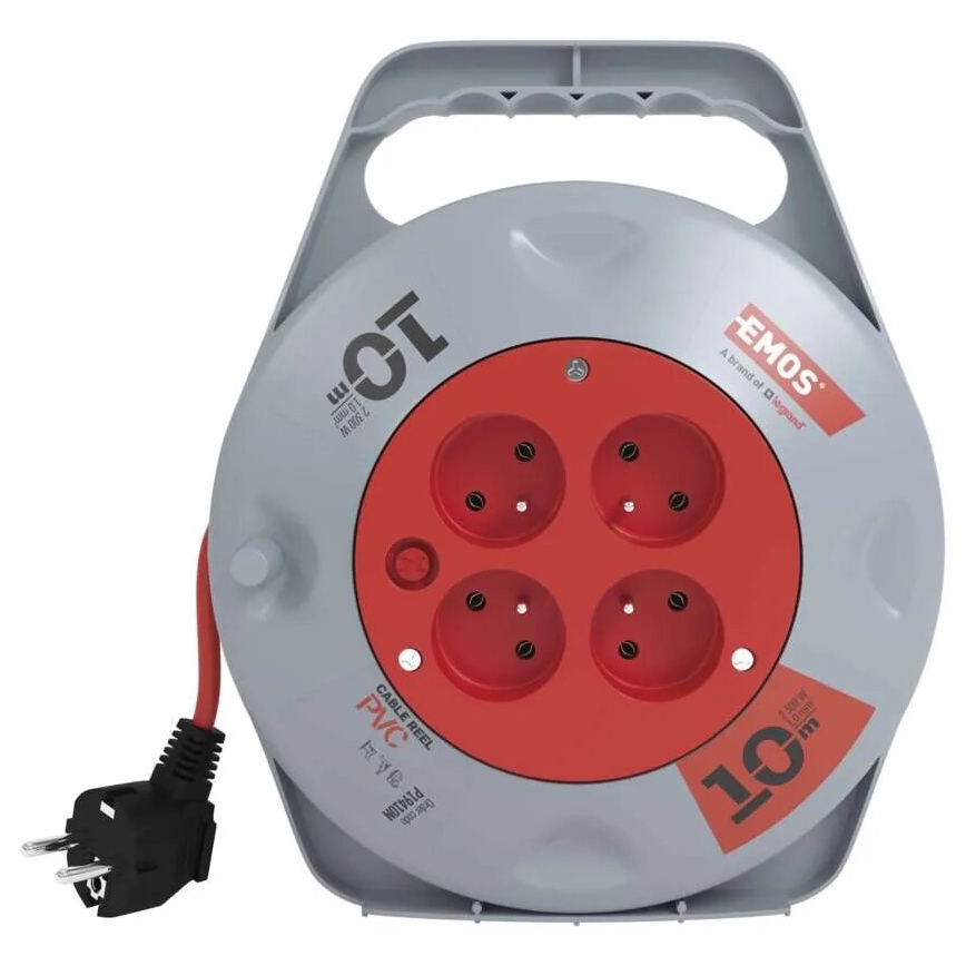 Šnúrový navijak s piatimi zásuvkami a integrovanou rukoväťou na prenášanie, navíjací mechanizmus pre kábel, šedá a červená plastová konštrukcia, označenie EMOS a 10 m.