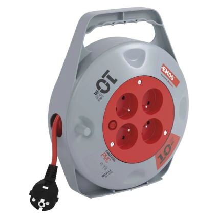 Šnúrovací bubon s štyrmi zásuvkami a rúčkou navíja kábel. Bubon je sivý a červený, označený značkou Emos a údajmi: 10m, 10A, 250V, PVC.