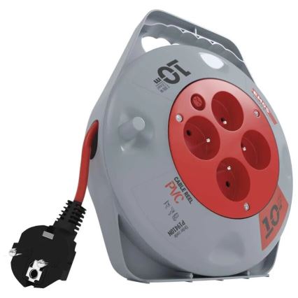 Predlžovací kábel na cievke s rúčkou, štyrmi zásuvkami a červeno-sivým telom, je navinutý a pripravený na použitie. Text na cievke uvádza: „10 m“, „CABLE REEL“, „PVC“, „IP44“, „0406 0096“, „PRAXION“.