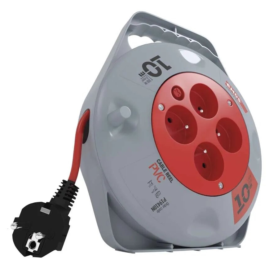 Predlžovací kábel na cievke s rúčkou, štyrmi zásuvkami a červeno-sivým telom, je navinutý a pripravený na použitie. Text na cievke uvádza: „10 m“, „CABLE REEL“, „PVC“, „IP44“, „0406 0096“, „PRAXION“.